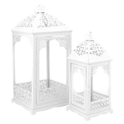 Komplet 2 latarenek metalowych zdobienie ażurowe 12 x 12 x 31 cm + 18 x 18 x 42 cm biały