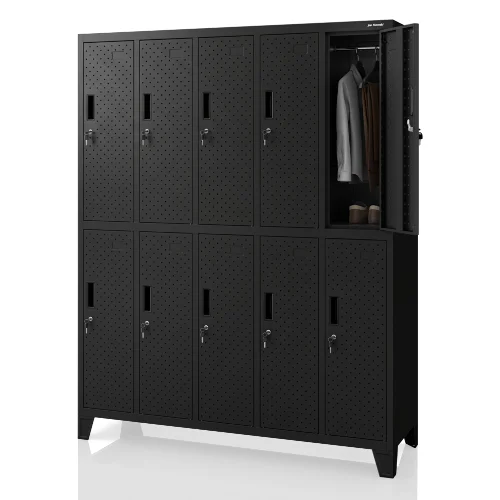 Szafka BHP ubraniowa, skrytkowa, perforowana, 10 skrytek, czarna, 1360x1720x450 mm: BARTEK PRO