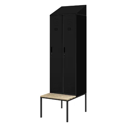 Szafka pracownicza ubraniowa wąska z ławką i daszkiem czarna, 600x2295x850 mm: KACPER II PRO
