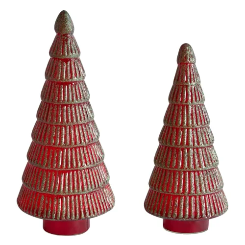 Zestaw 2 figurek dekoracyjnych PURUVESI Choinka 31/36 cm Czerwony/ zielony