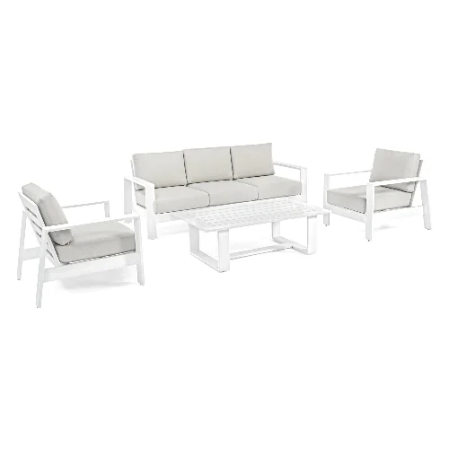 Zestaw sofa 2 fotele i stolik BALTIC biały aluminowych z poduszką olefinową Bizzotto