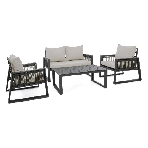 Zestaw sofa 2 fotele i stolik CAPTIVA antracyt/beż aluminiowy Bizzotto