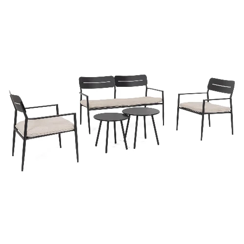 Zestaw sofa 2 fotele i stolik GARGANO antracyt/beż stalowy Bizzotto