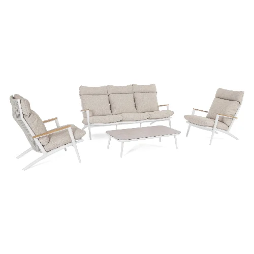 Zestaw sofa 2 fotele i stolik IBISCO biały aluminowych z poduszką olefinową Bizzotto