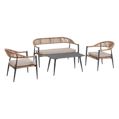 Zestaw sofa 2 fotele i stolik JANDIA antracytowy-beżowy aluminiowy Bizzotto