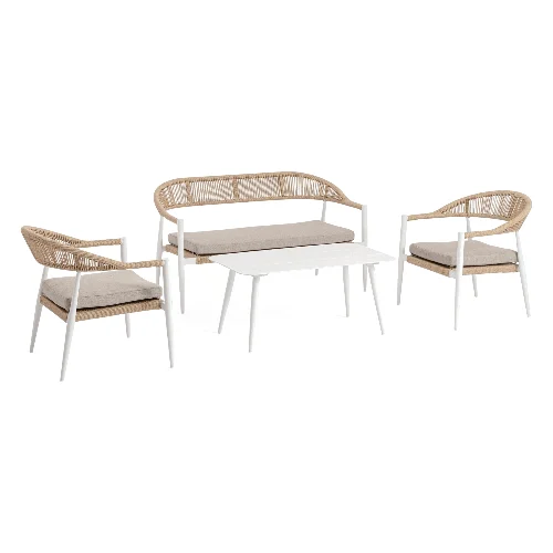 Zestaw sofa 2 fotele i stolik JANDIA biały aluminiowy Bizzotto