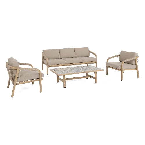 Zestaw sofa 2 fotele i stolik KALIMERA aluminiowe z efektem drewna Bizzotto