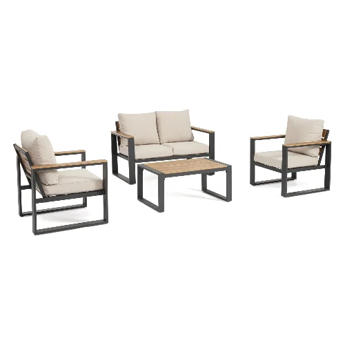 Zestaw sofa 2 fotele i stolik LEANDRO antracyt/beż aluminiowy Bizzotto