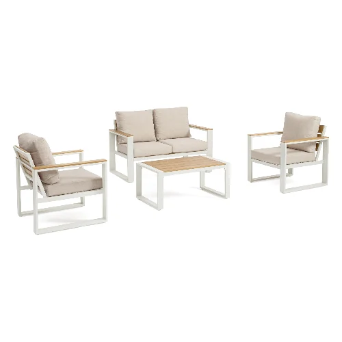 Zestaw sofa 2 fotele i stolik LEANDRO biały aluminiowy Bizzotto