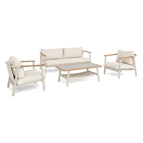 Zestaw sofa 2 fotele i stolik LEONIDA beżowy aluminowych z poduszką olefinową Bizzotto
