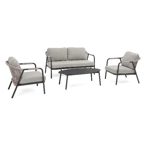 Zestaw sofa 2 fotele i stolik MIRAVET antracyt - beż aluminowych z poduszką olefinową Bizzotto