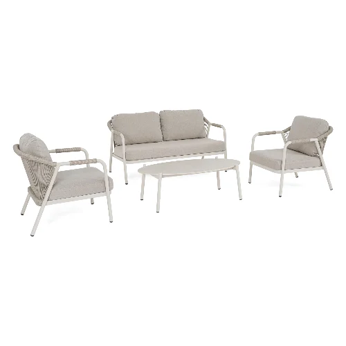 Zestaw sofa 2 fotele i stolik MIRAVET kremowy aluminowych z poduszką olefinową Bizzotto
