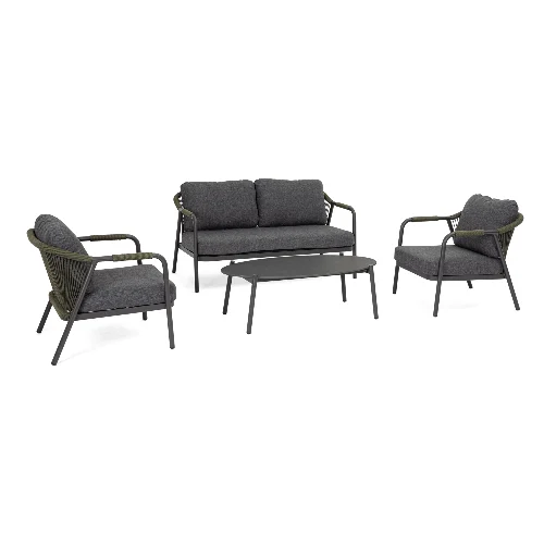 Zestaw sofa 2 fotele i stolik MIRAVET zielony aluminowych z poduszką olefinową Bizzotto
