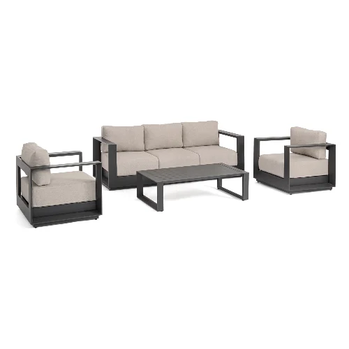 Zestaw sofa 2 fotele i stolik MOSES antracyt/beż aluminowy z poduszką olefinową Bizzotto