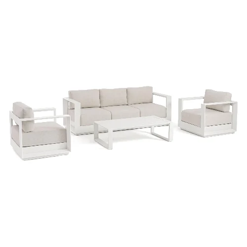 Zestaw sofa 2 fotele i stolik MOSES biały aluminowy z poduszką olefinową Bizzotto