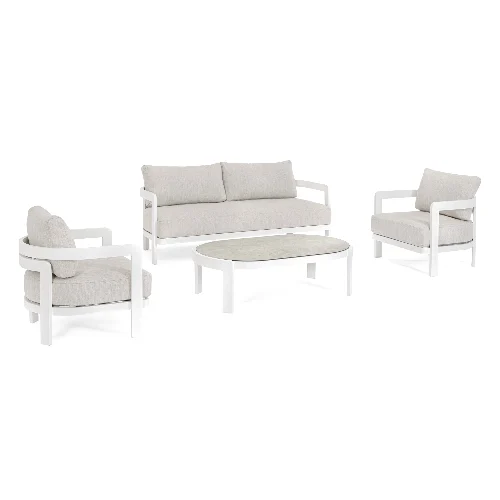 Zestaw sofa 2 fotele i stolik PRESLEY biały aluminowy z poduszką olefinową Bizzotto
