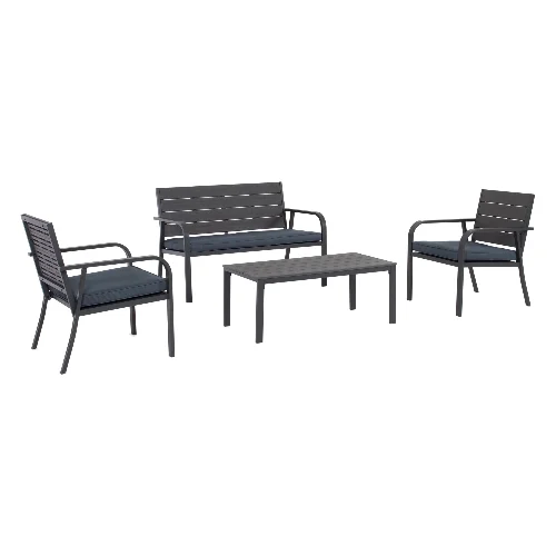Zestaw sofa 2 fotele i stolik SARITA antracytowy stalowy z efektem drewna Bizzotto