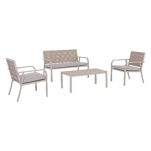 Zestaw sofa 2 fotele i stolik SARITA taupe stalowy z efektem drewna Bizzotto