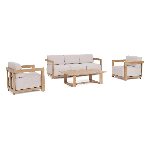Zestaw sofa 2 fotele i stolik THESEUS naturalny aluminiowe z efektem drewna Bizzotto