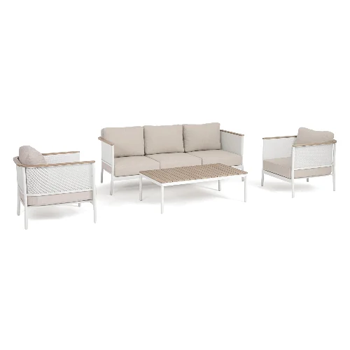 Zestaw sofa 2 fotele i stolik ULISES biały aluminiowe z efektem drewna Bizzotto