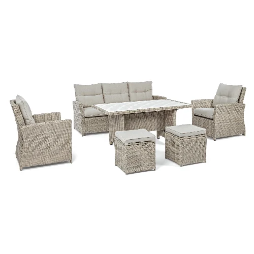 Zestaw sofa 2 fotele stolik i 2 pufy ARIEL naturalny aluminiowy z plecionką z włókna syntetycznego Bizzotto