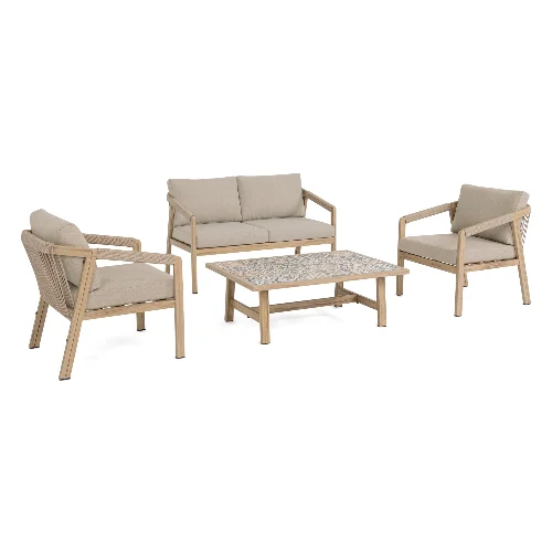 Zestaw sofa stolik 2 fotele KALIMERA aluminiowe z efektem drewna Bizzotto