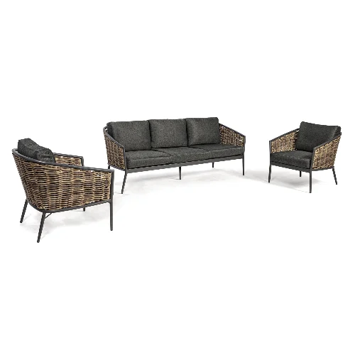 Zestaw sofa z 2 fotelami MARIBELA antracytowy aluminiowy z plecionką z włókna syntetycznego Bizzotto