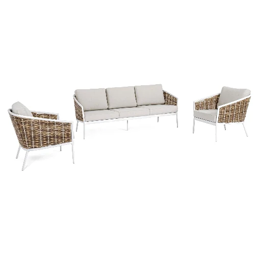 Zestaw sofa z 2 fotelami MARIBELA biały aluminiowy z plecionką z włókna syntetycznego Bizzotto